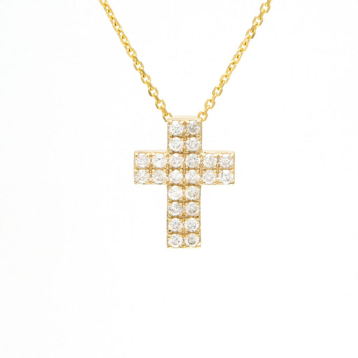 14K Yellow Gold Cross Round Micro Pave Diamond Necklace