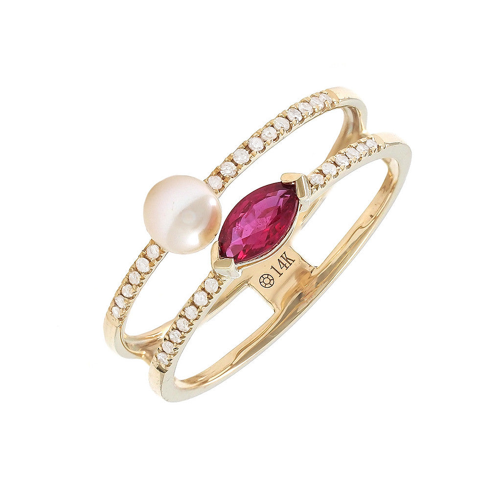 14K Ruby With Pearl And Diamond Ring