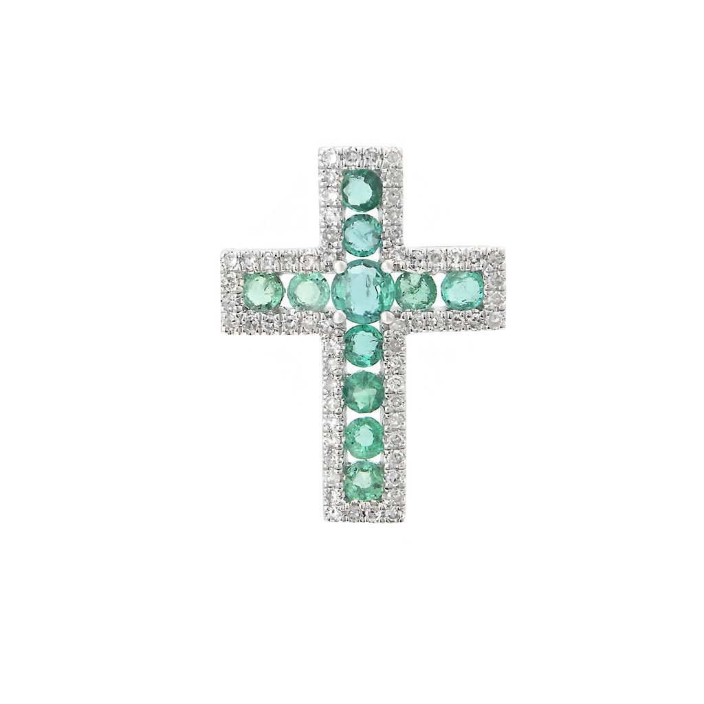 14K White Gold Cross Round Stones Pendant