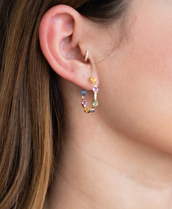 14K Multi Gem Hoops Rainbow Earring