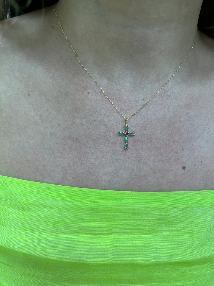 18K Emerald + Ruby Cross Necklace