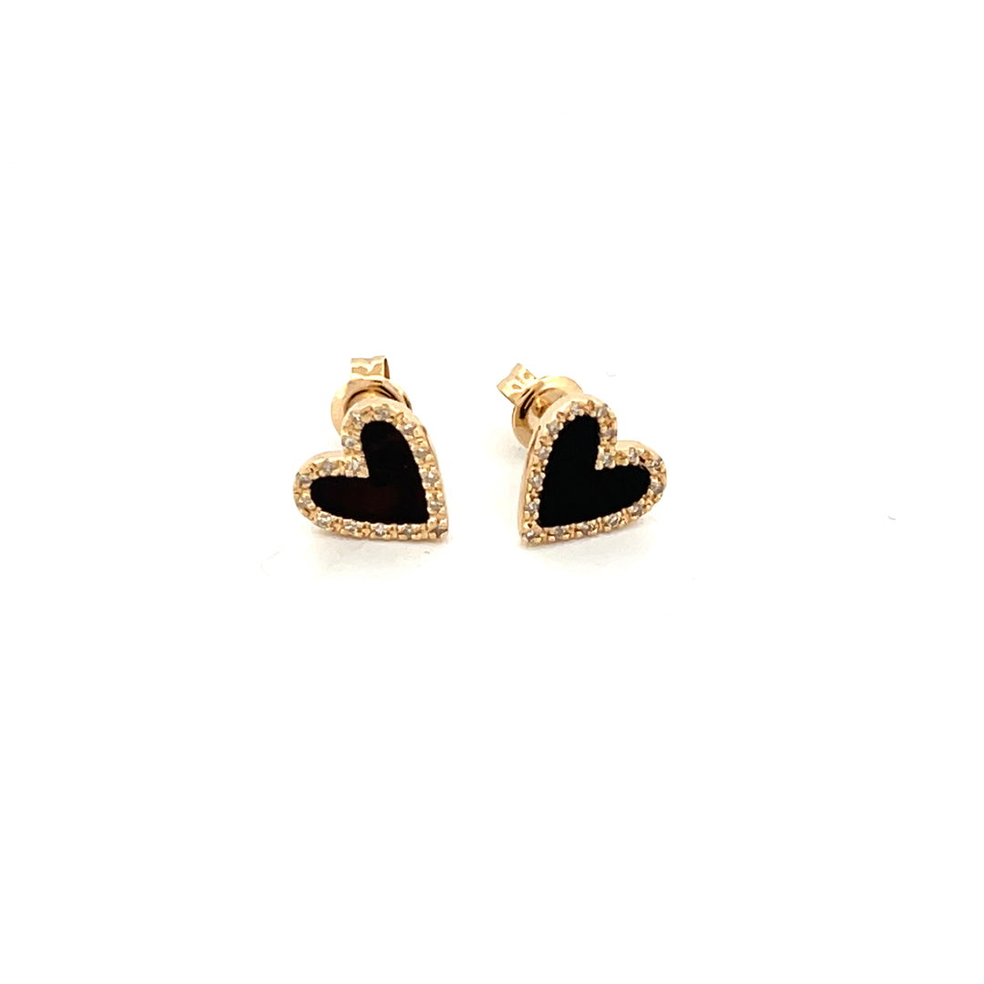 14K Onyx And Diamond Heart Shape Earring