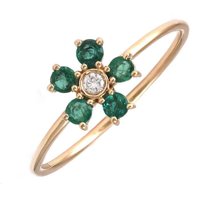 14K Flower Round Prong Emerald Ring