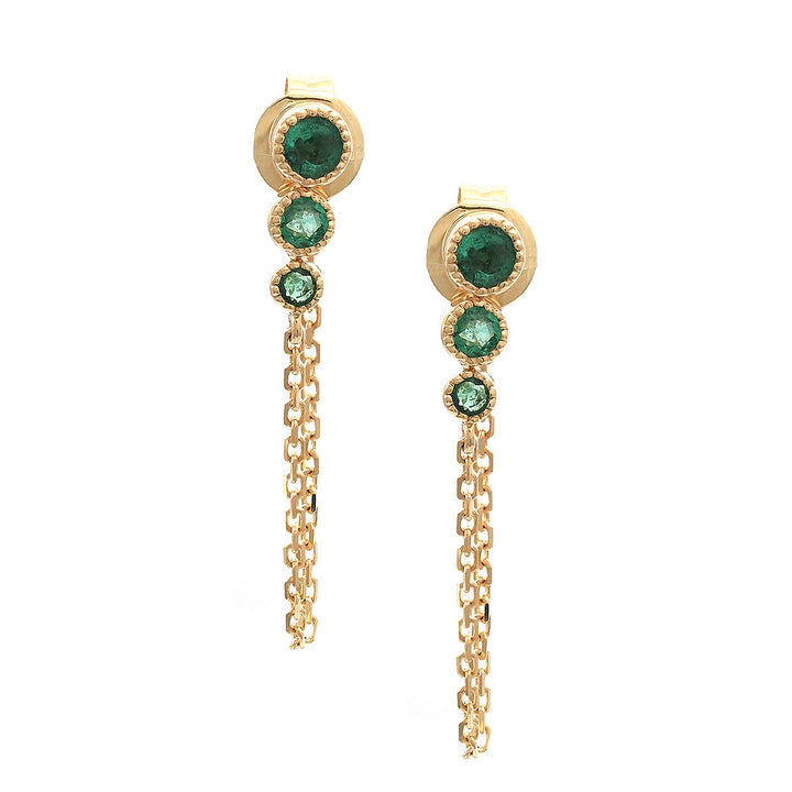 14K Round Bezel Emerald With Chain Earring