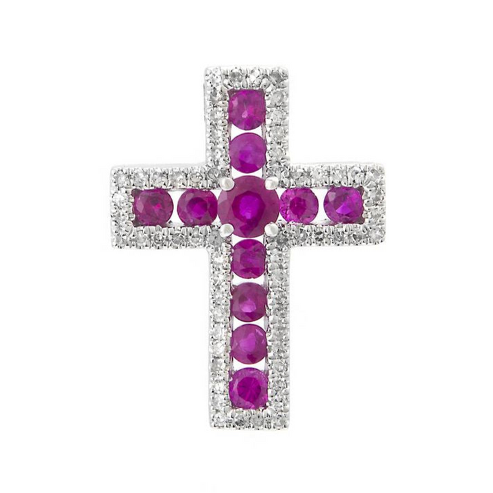 14K White Gold Cross Round Stones Pendant