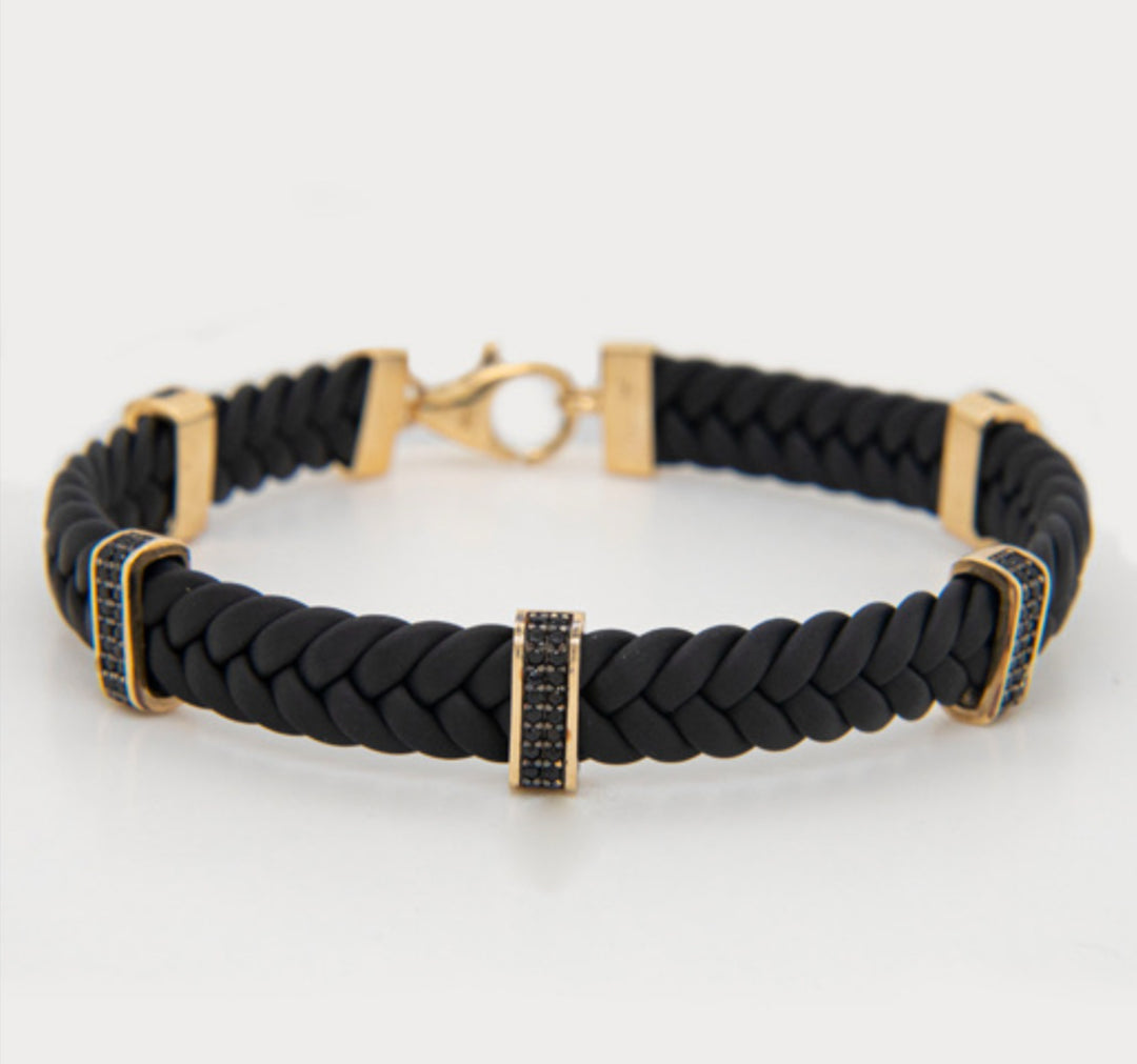 14K Gold Leather Mens Bracelet