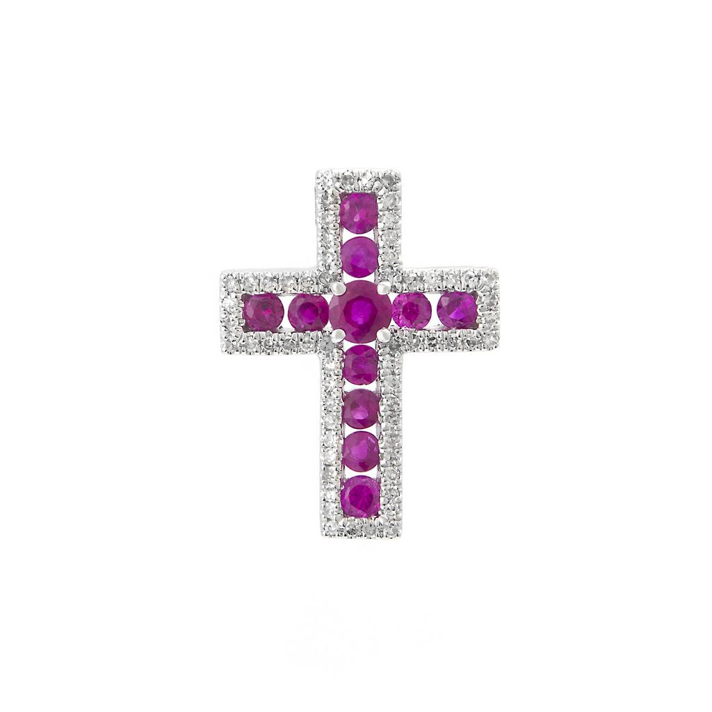 14K White Gold Cross Round Stones Pendant