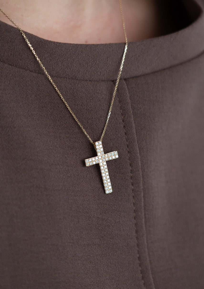 14K Gold Cross Round Micro Pave Diamond Necklace