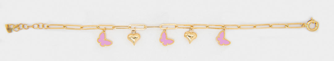 Paper clip colgantes pink mariposas y corazón Bracelet 14K