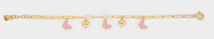 Paper clip colgantes pink mariposas y corazón Bracelet 14K