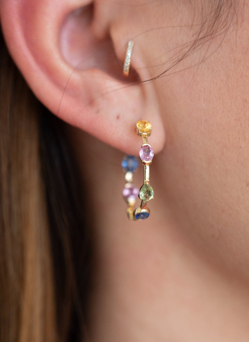 14K Multi Gem Hoops Rainbow Earring