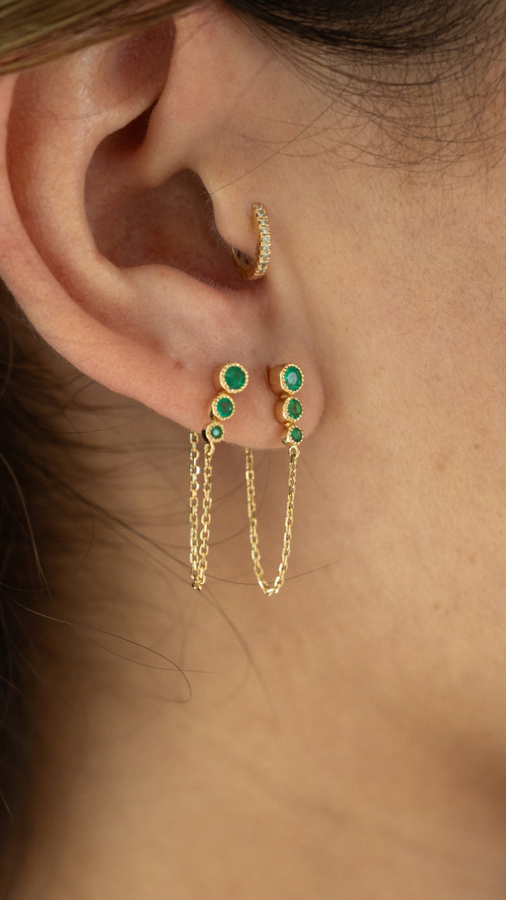 14K Round Bezel Emerald With Chain Earring