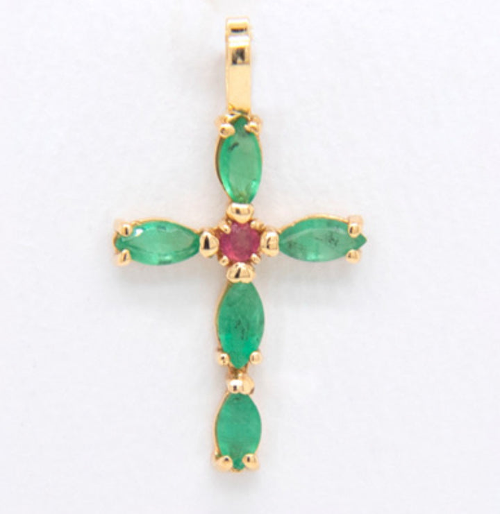 18K Emerald + Ruby Cross Necklace