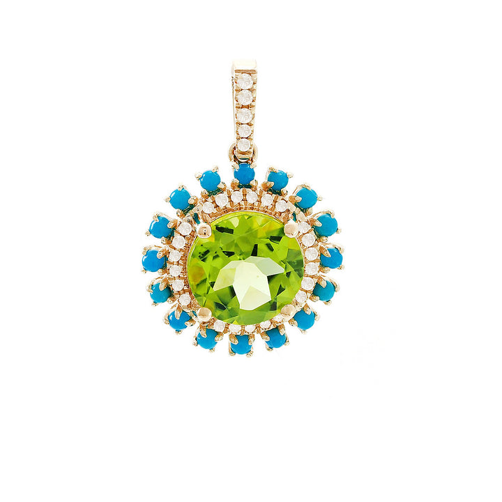 14K Peridot, Turquise And Diamond Pendant