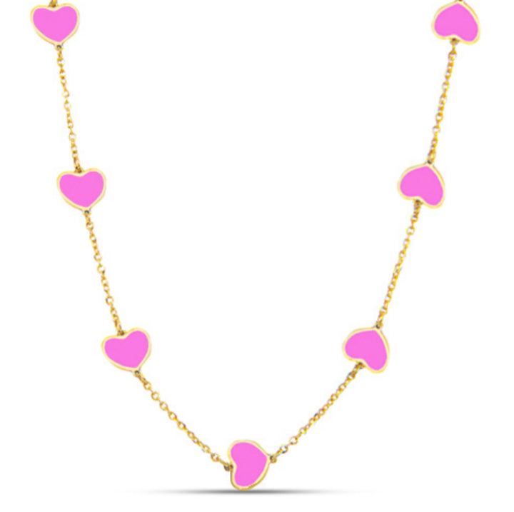 14k Gold Synthetic Pink Heart Necklace (9 Corazones)