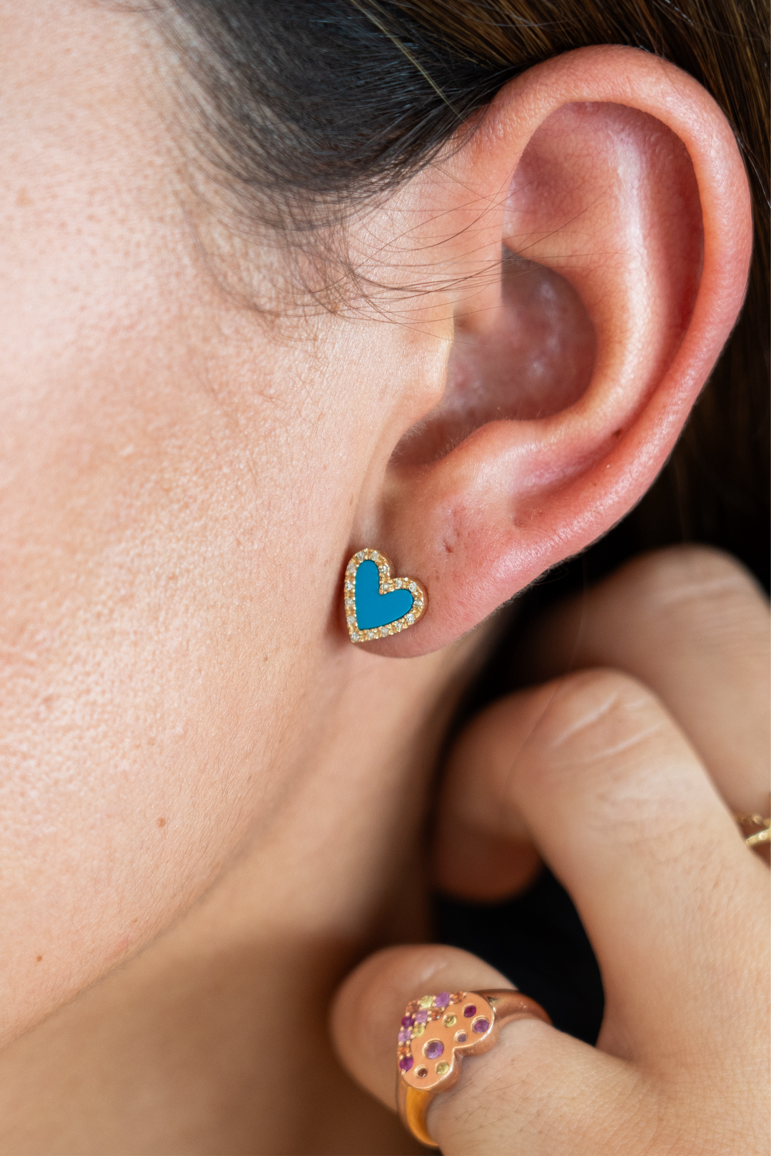 14K Turquesa And Diamond Heart Shape Earring