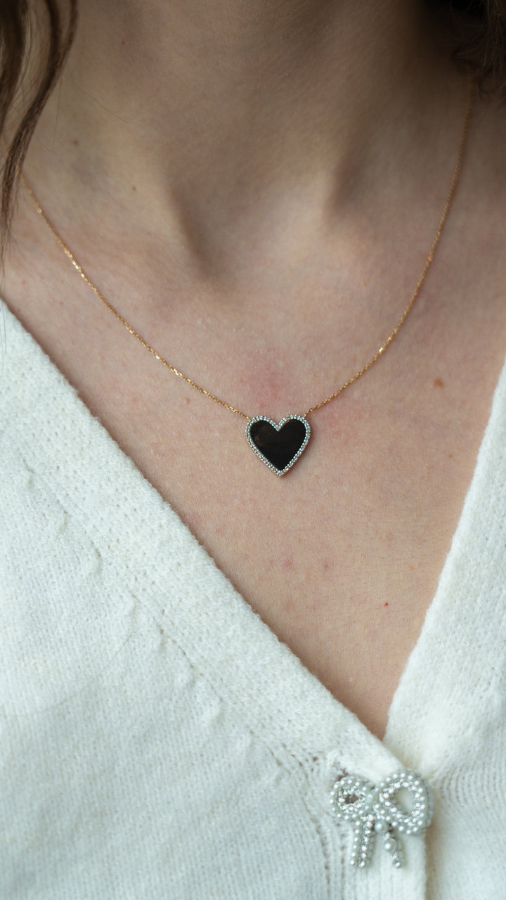 14K Diamond Heart With Onyx Necklace