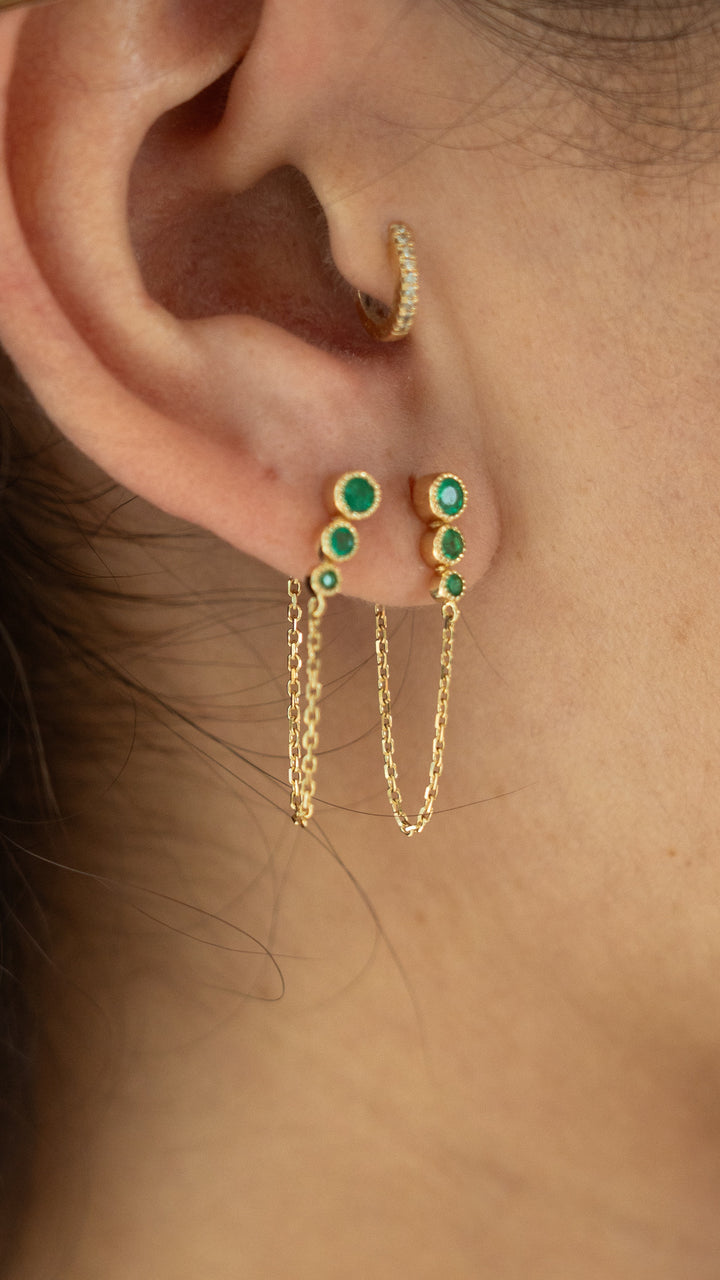 14K Round Bezel Emerald With Chain Earring