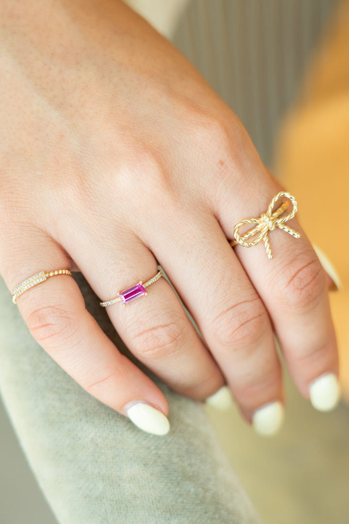 14K Thin Pink Topaz Bar Shape + Diamond Ring