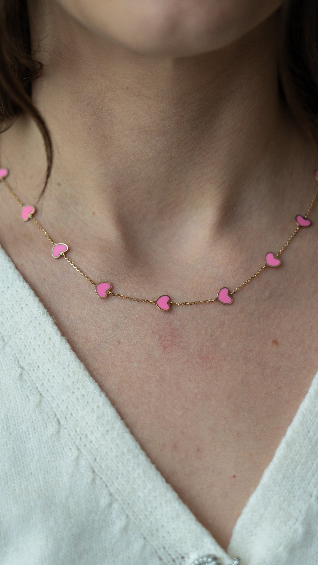 14k Gold Synthetic Pink Heart Necklace (9 Corazones)