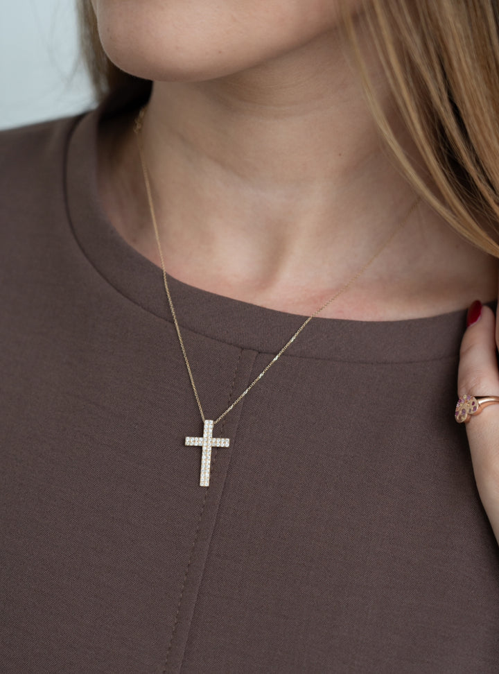 14K Gold Cross Round Micro Pave Diamond Necklace