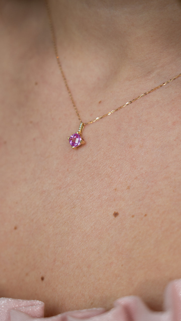 14K Cushion Prong Diamond and Pink Quartz (Pendant)