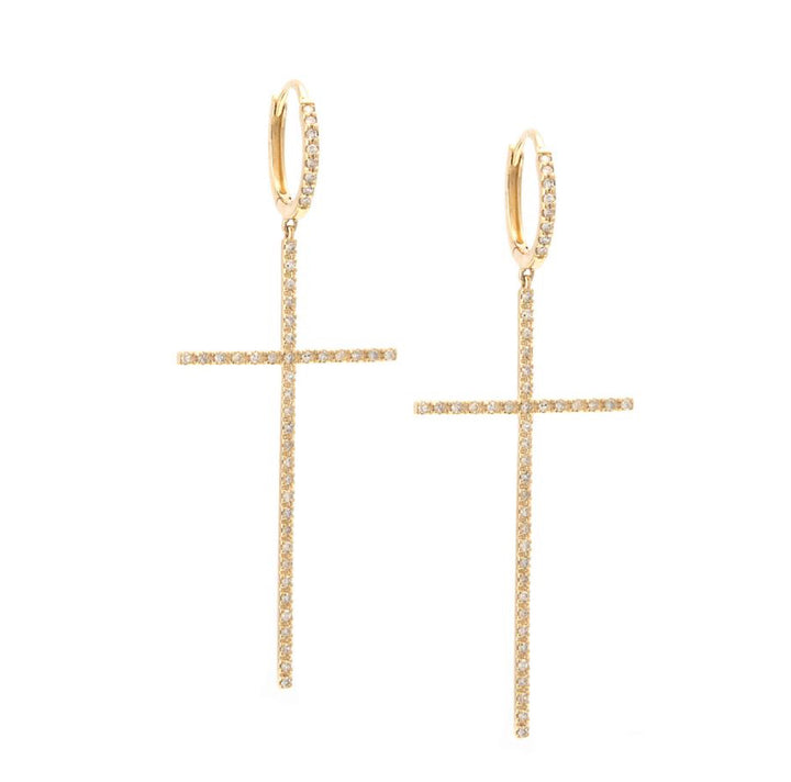 14K Yellow Gold Cross Single Micro Pave Diamond Earrings