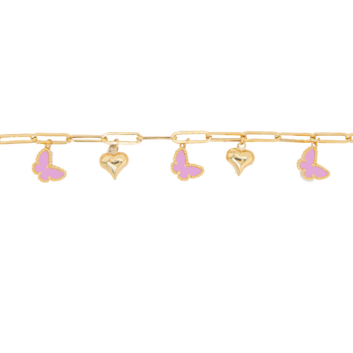 Paper clip colgantes pink mariposas y corazón Bracelet 14K