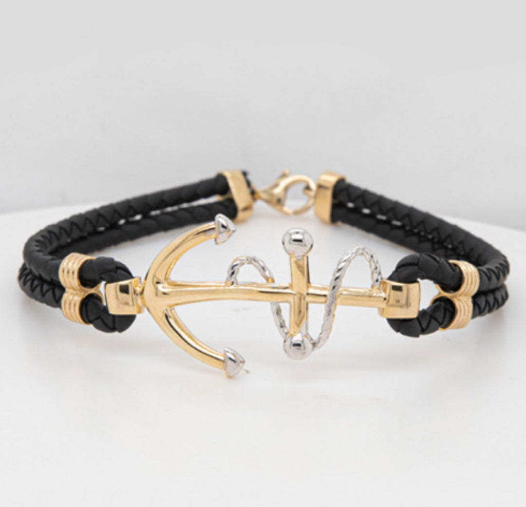 14K Gold Leather Mens Bracelet