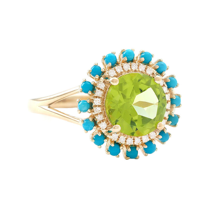 14K Peridot, Turquise And Diamond Ring