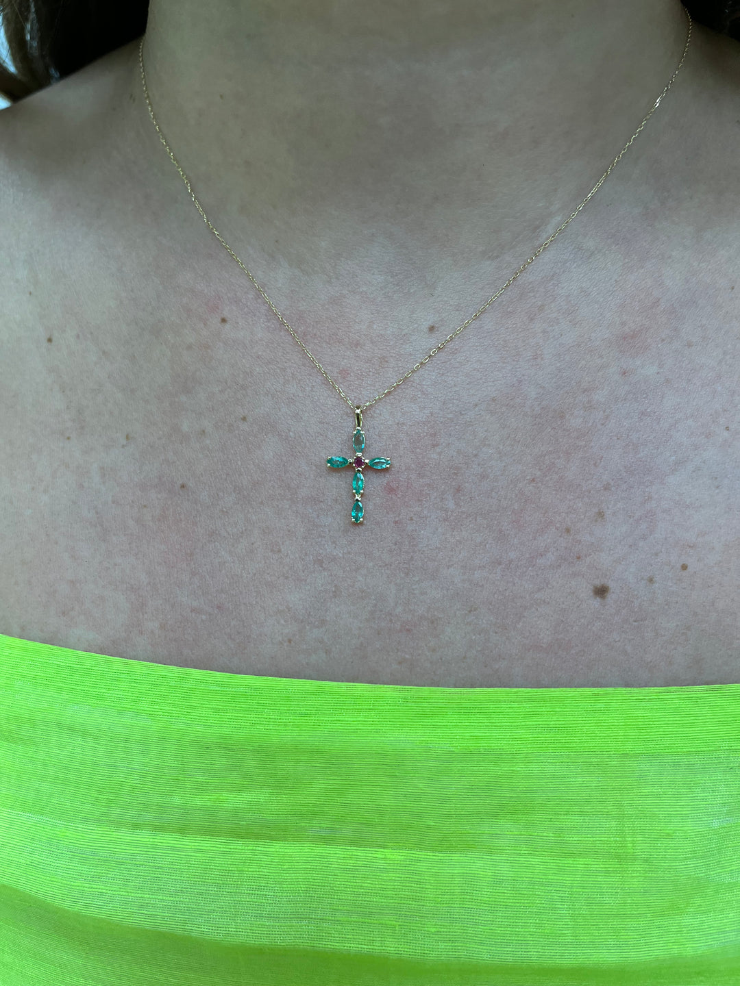 18K Emerald + Ruby Cross Necklace