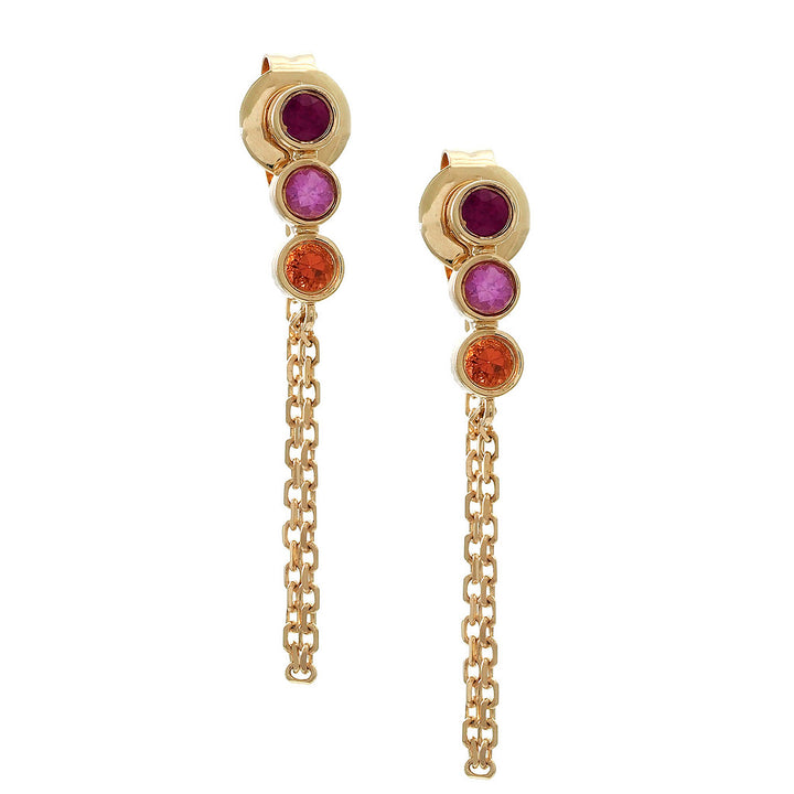 14K Round Bezel Multi-Gem Ruby, Orange and Pink Sapphire With Chain Earring