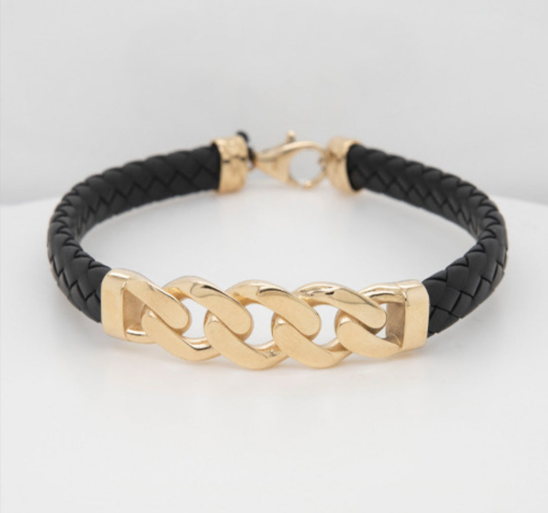 14K Gold Leather Mens Bracelet