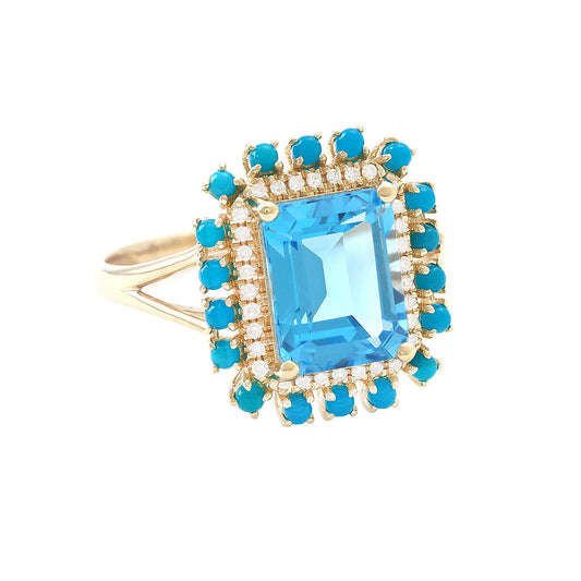 Blue Topaz , Turquesa And Diamond Ring