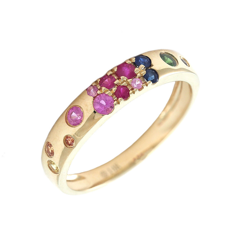 Yellow Gold Rainbow Round Bezel Milti Gem Ring