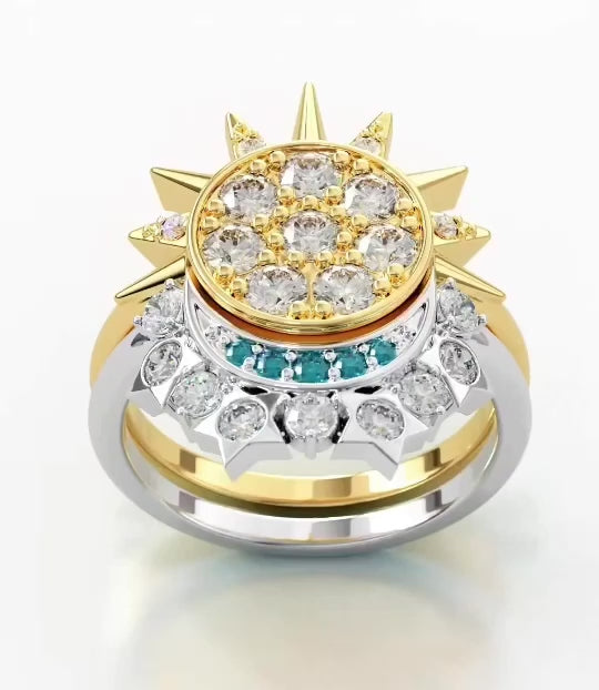 14K Gold Sun and Moon Diamond Ring